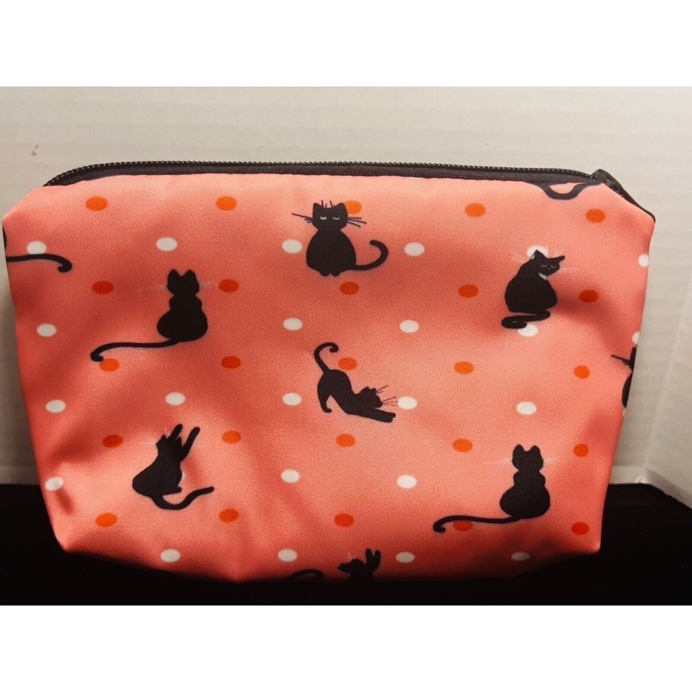 Black CAT Print on Pink Toiletry‎ Cosmetic Makeup Bag New